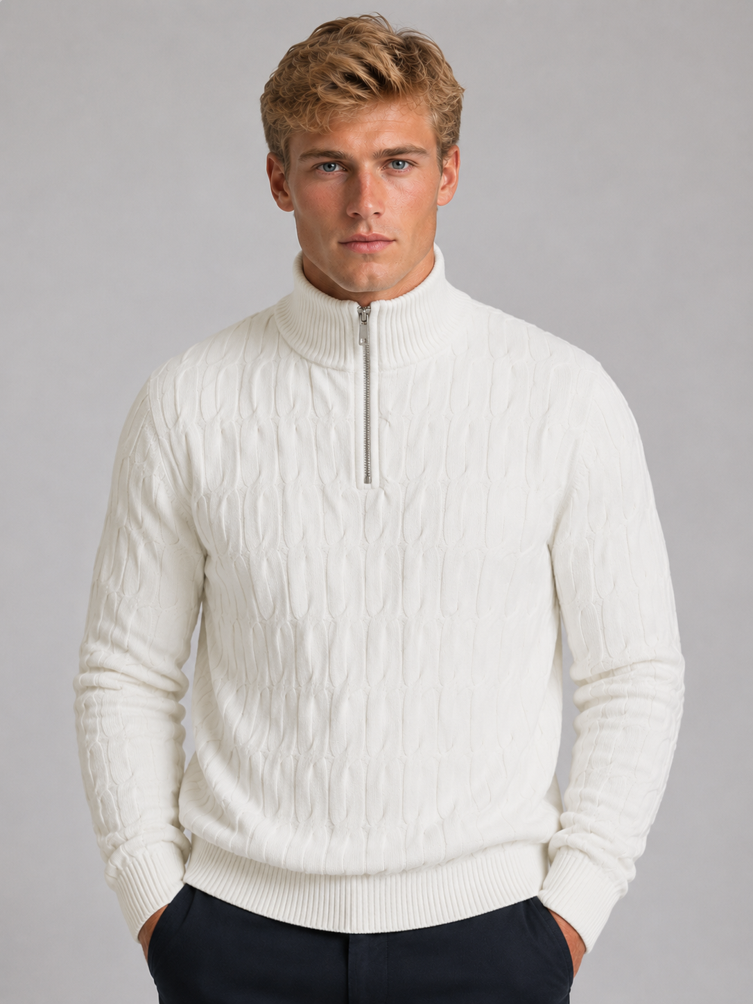 Men's Quarter Zip Sweater with Textured Funnel Neck