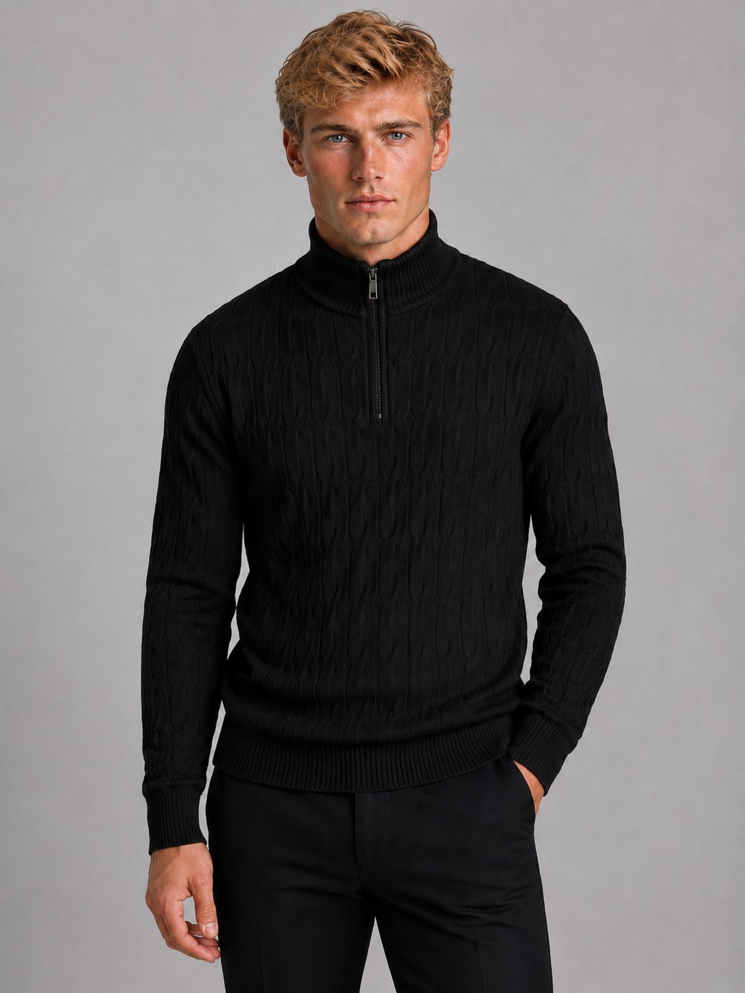 Men's Quarter Zip Sweater with Textured Funnel Neck