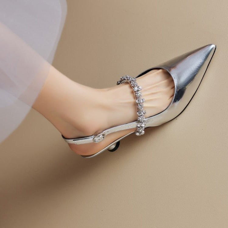 Women's Crystal Strap Pointed Toe Slingback Pumps