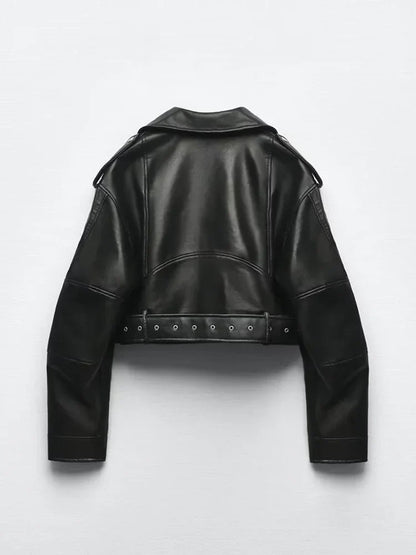 Women's Leather-Look Belted Biker Jacket