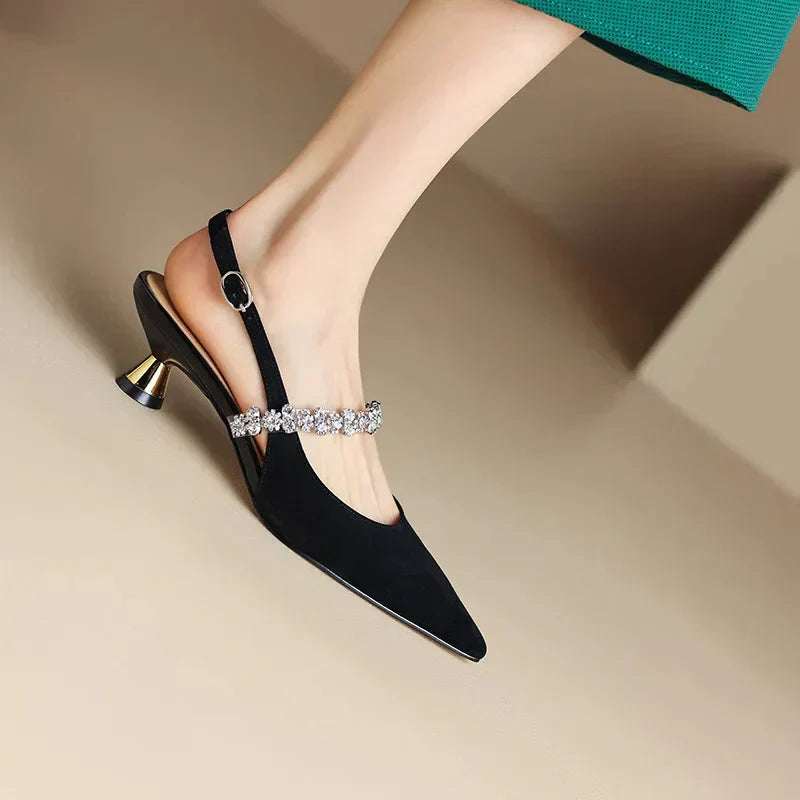 Women's Crystal Strap Pointed Toe Slingback Pumps