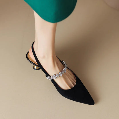 Women's Crystal Strap Pointed Toe Slingback Pumps