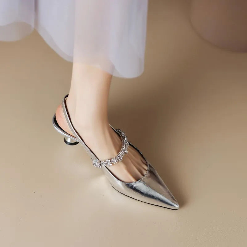 Women's Crystal Strap Pointed Toe Slingback Pumps
