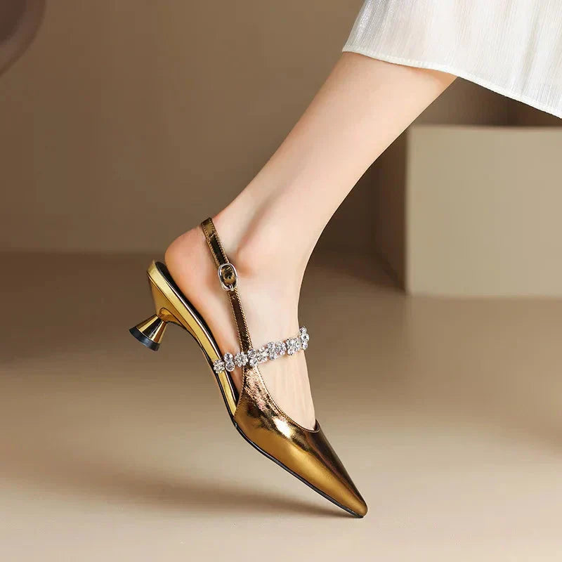 Women's Crystal Strap Pointed Toe Slingback Pumps