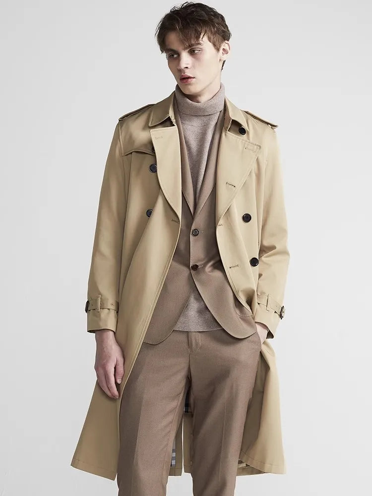 Men's Belted Trench Coat with Double Breasted Front