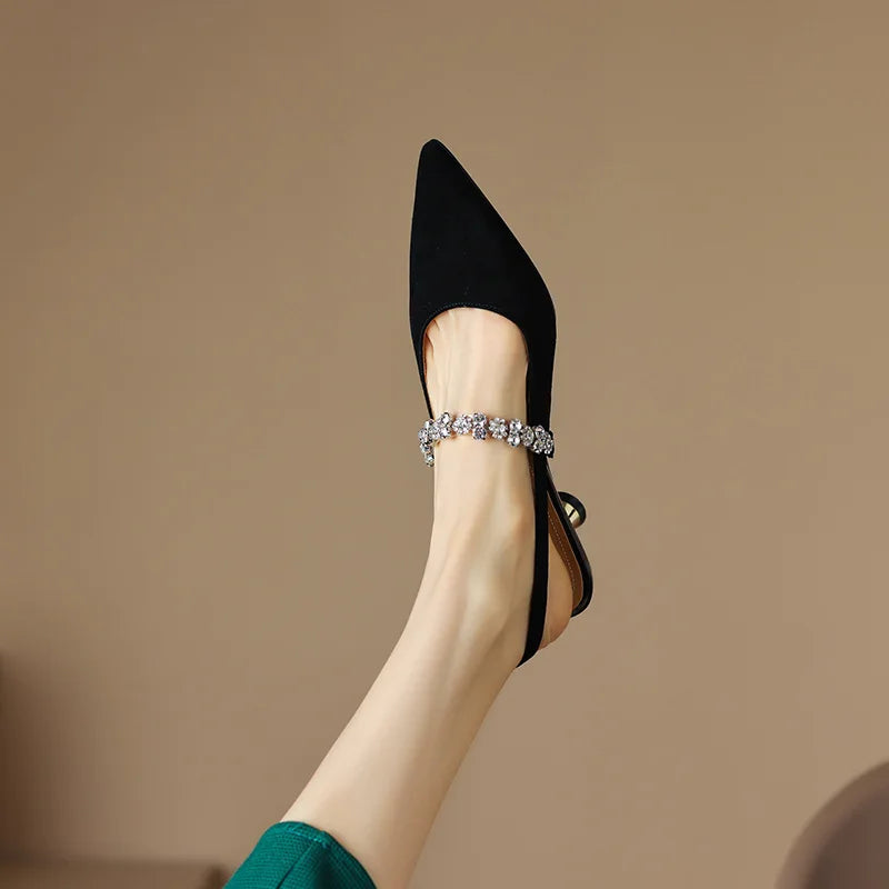 Women's Crystal Strap Pointed Toe Slingback Pumps