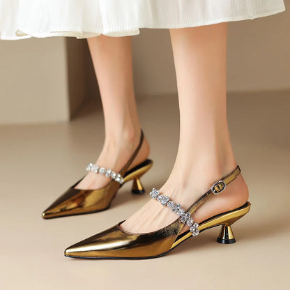 Women's Crystal Strap Pointed Toe Slingback Pumps