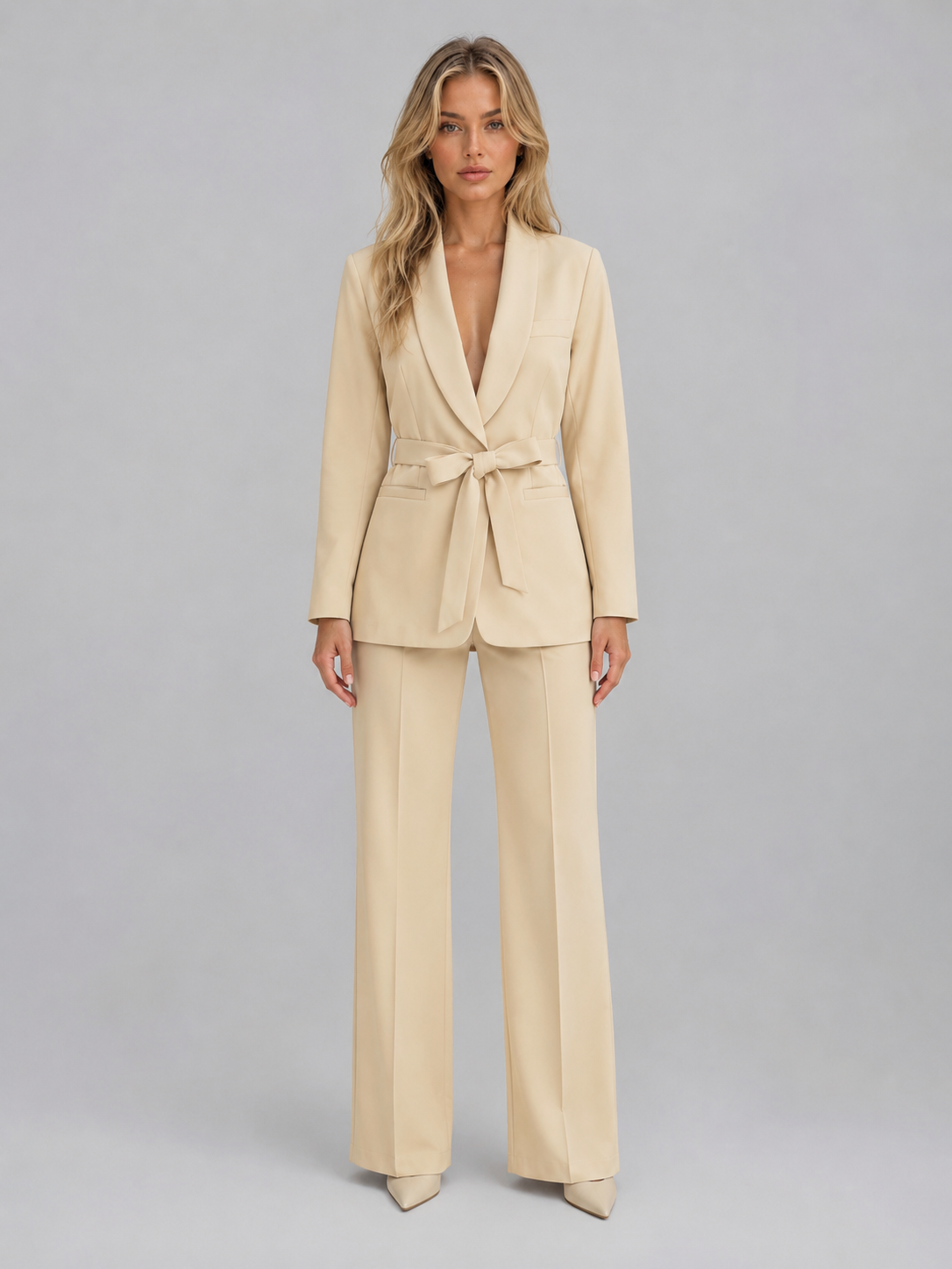 Women's Belted Blazer and Wide-Leg Trouser Suit Set