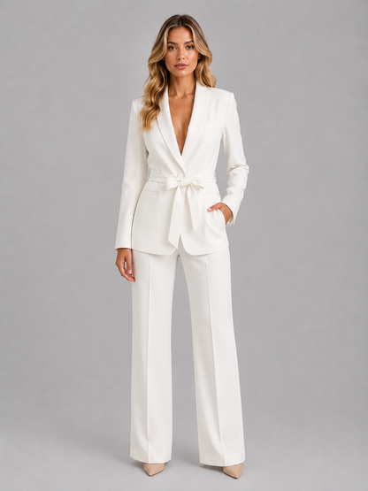 Women's Belted Blazer and Wide-Leg Trouser Suit Set