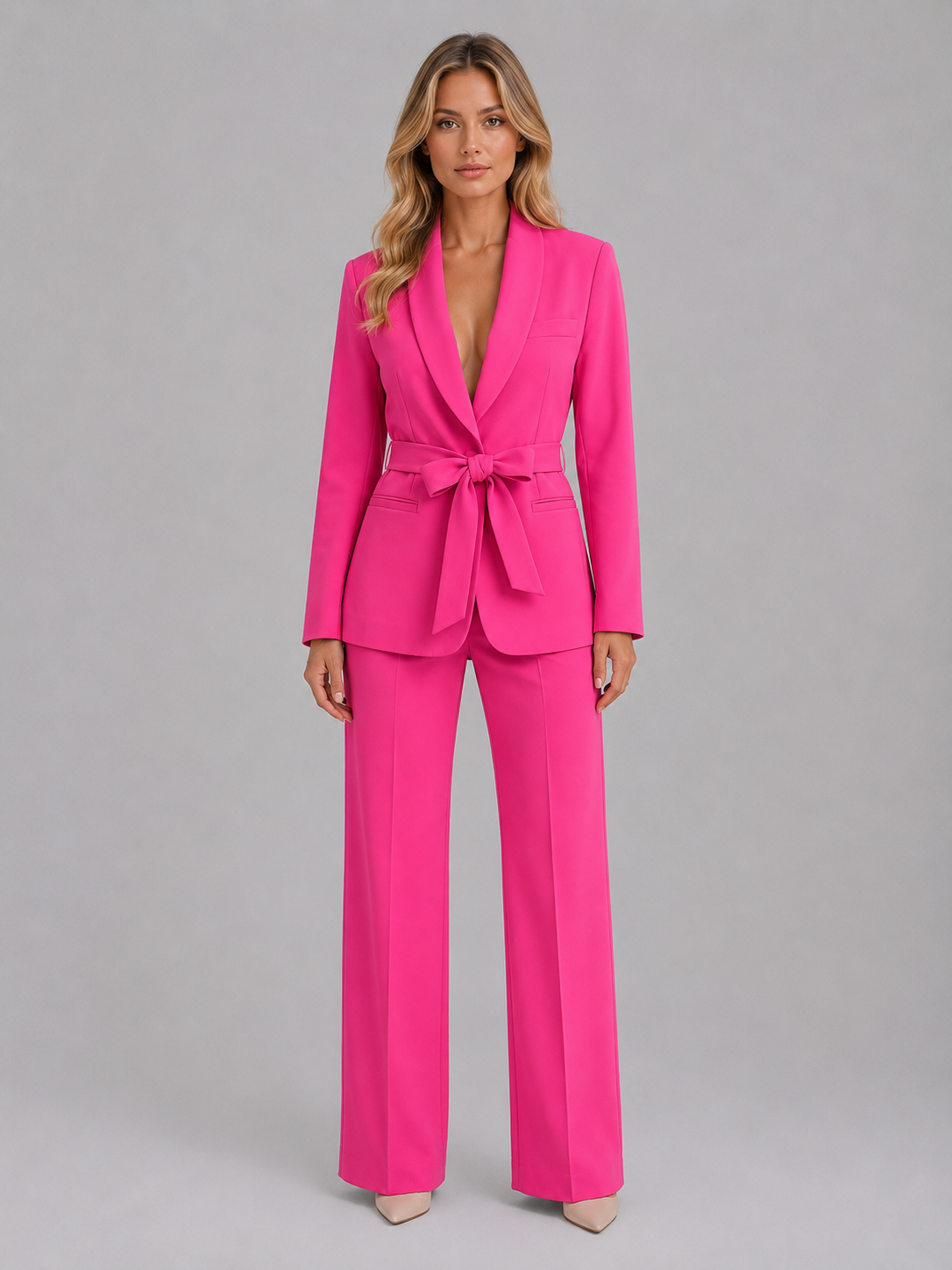 Women's Belted Blazer and Wide-Leg Trouser Suit Set