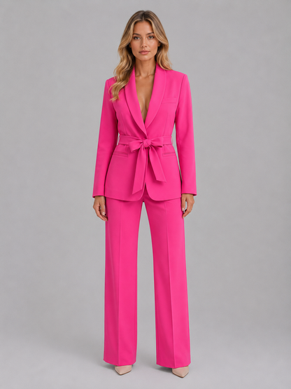 Women's Belted Blazer and Wide-Leg Trouser Suit Set