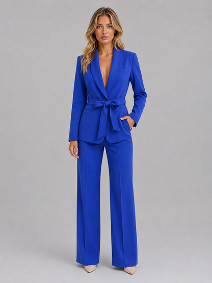 Women's Belted Blazer and Wide-Leg Trouser Suit Set