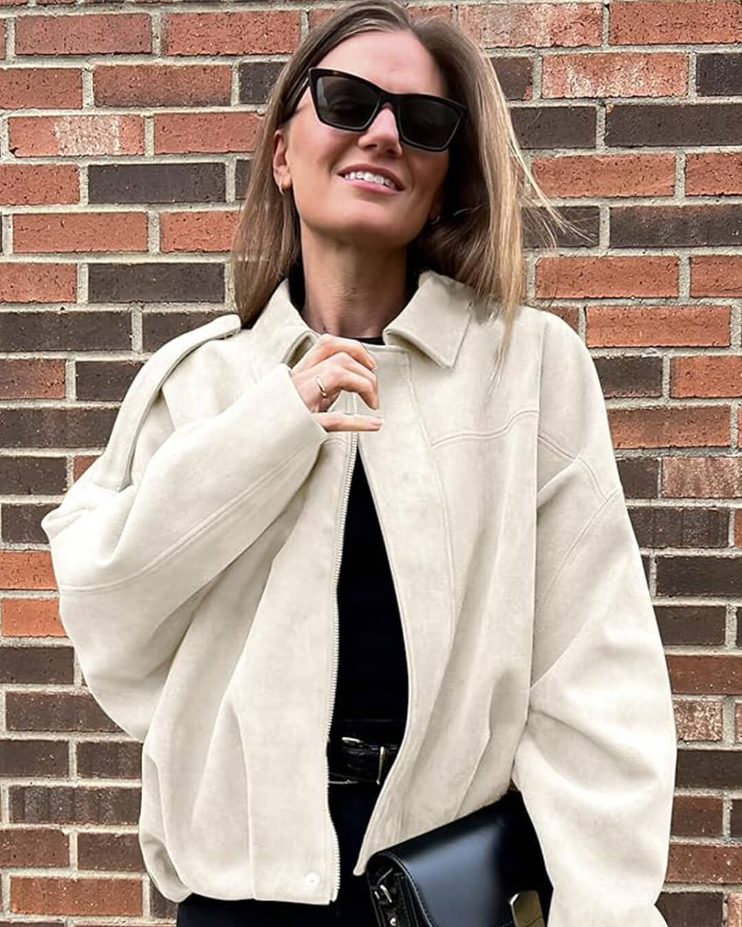 Women's Faux Suede Bomber Jacket with Collar