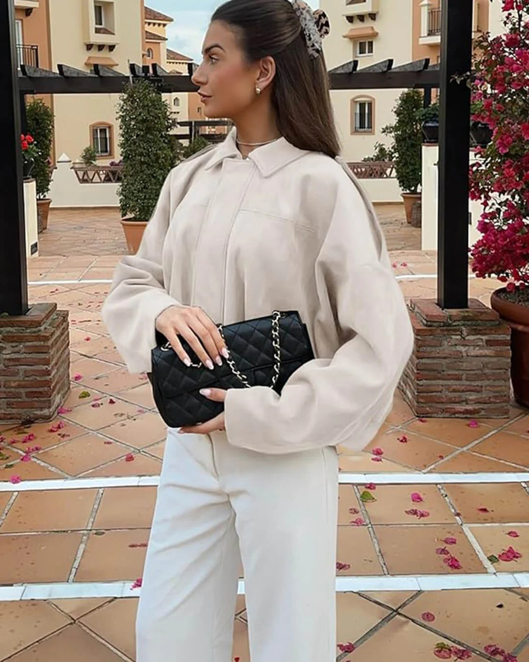 Women's Faux Suede Bomber Jacket with Collar