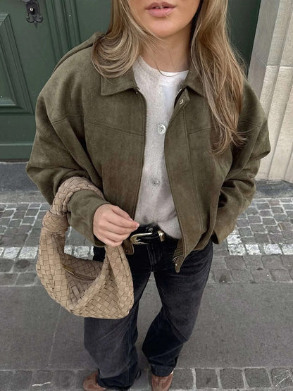 Women's Faux Suede Bomber Jacket with Collar