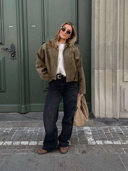 Women's Faux Suede Bomber Jacket with Collar