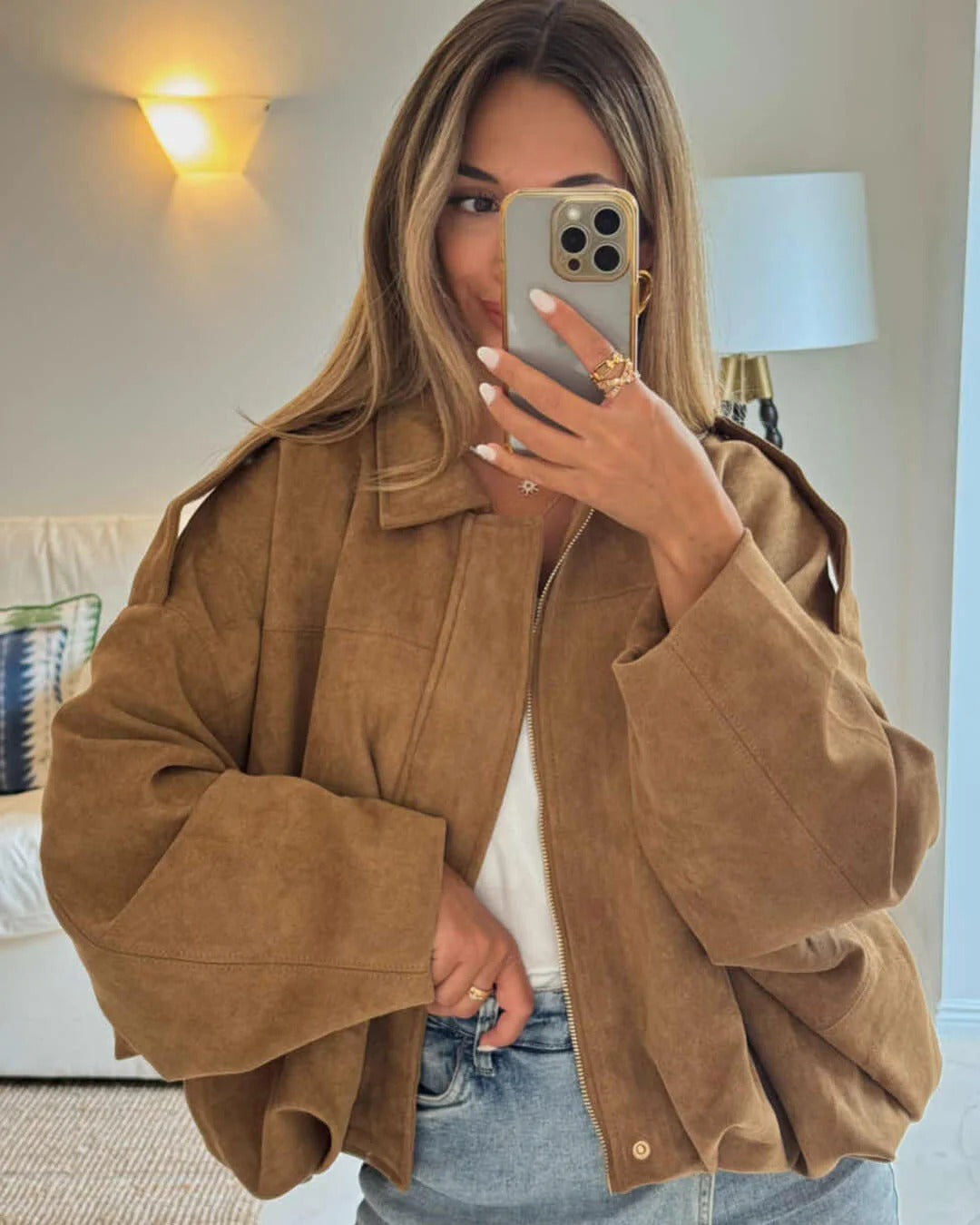 Women's Faux Suede Bomber Jacket with Collar