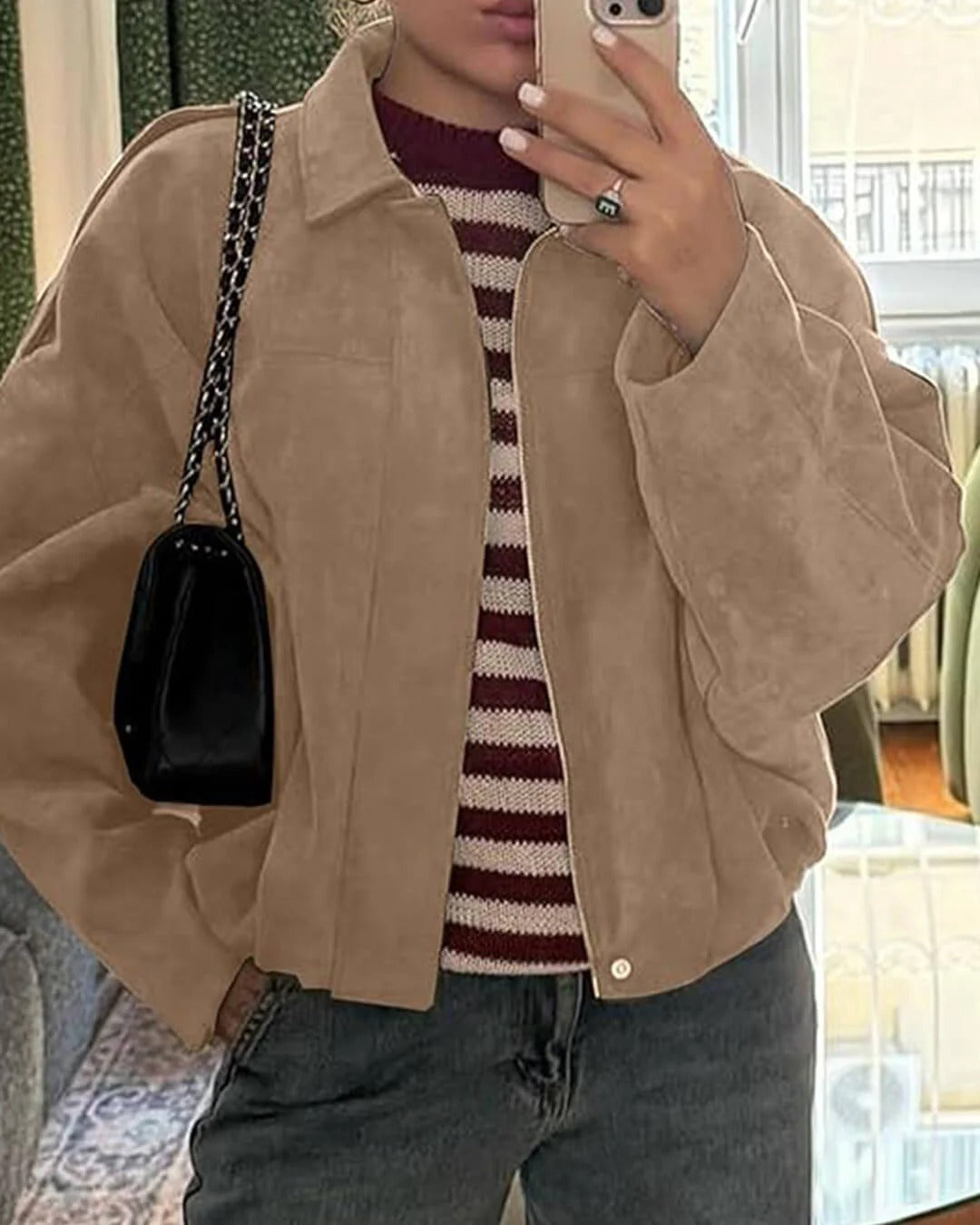 Women's Faux Suede Bomber Jacket with Collar