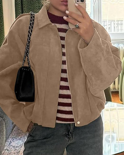 Women's Faux Suede Bomber Jacket with Collar