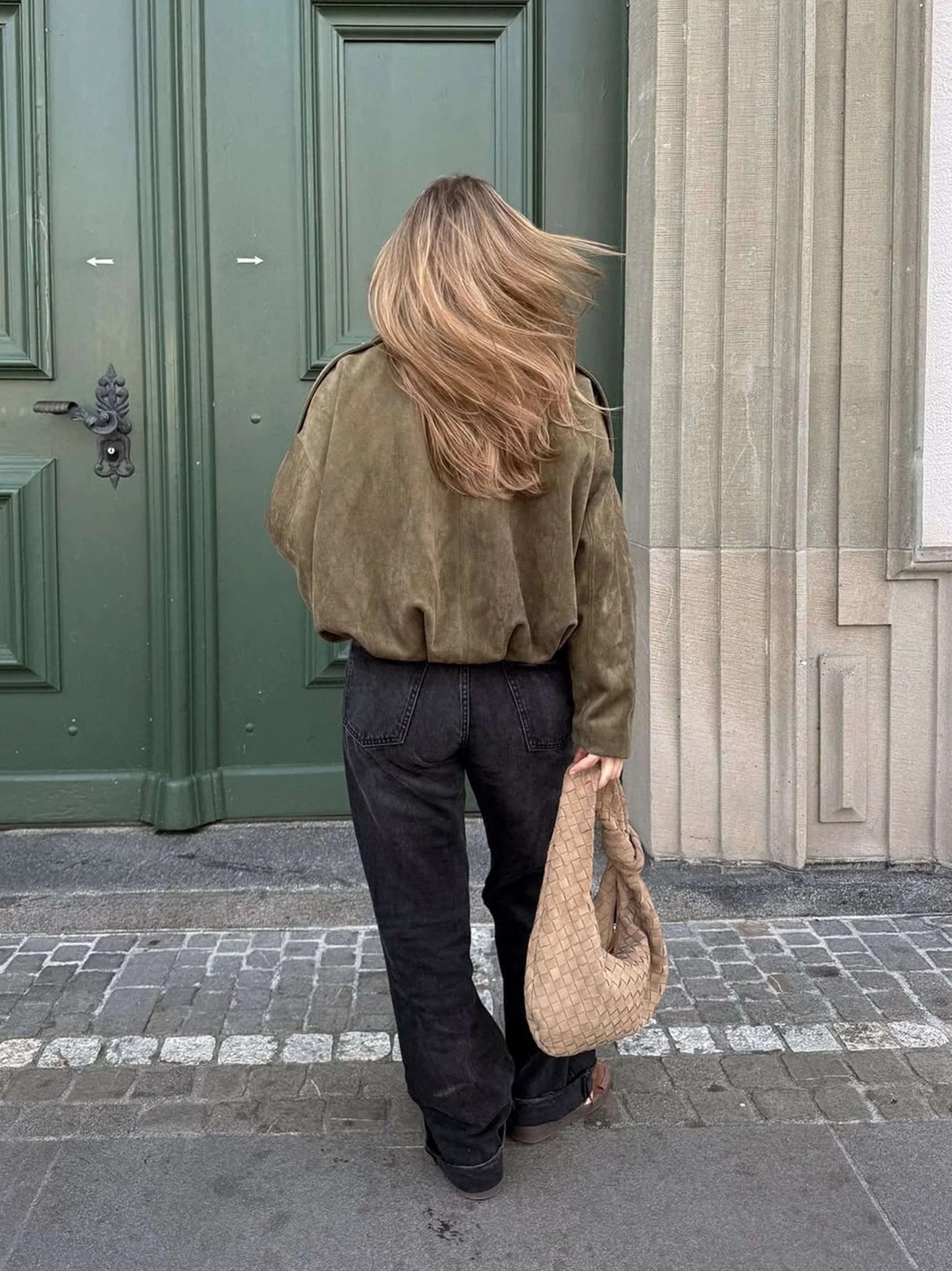 Women's Faux Suede Bomber Jacket with Collar