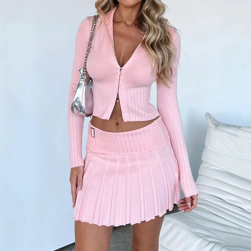 Light pink ribbed zip cardigan and pleated mini skirt set