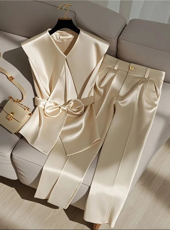 Champagne satin two-piece set with wrap top