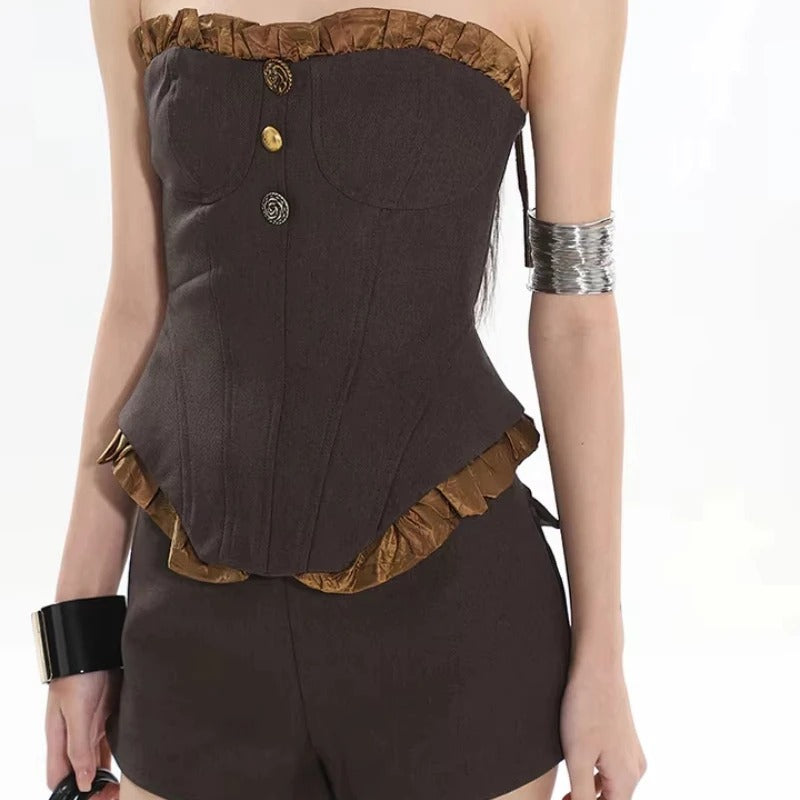 Brown strapless two-piece set with corset top