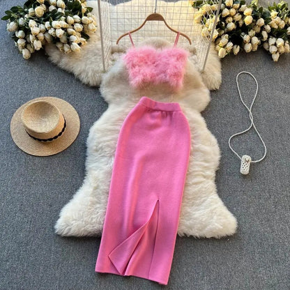 Pink cropped feather-texture top and midi skirt set