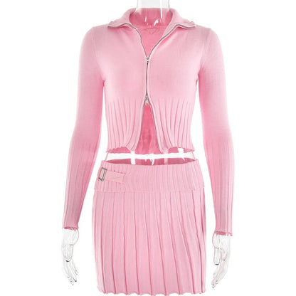 Light pink ribbed zip cardigan and pleated mini skirt set