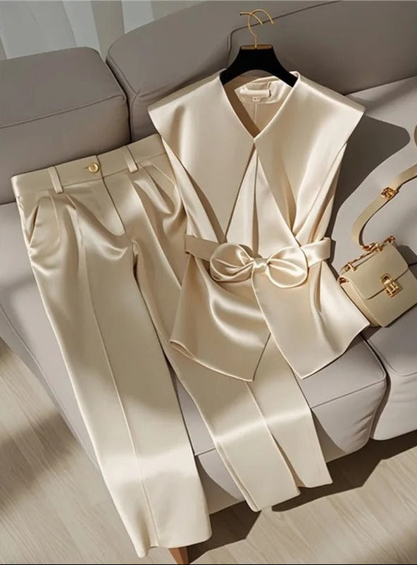 Champagne satin two-piece set with wrap top