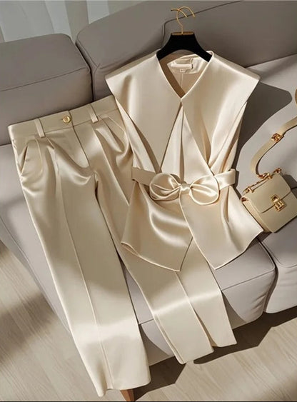 Champagne satin two-piece set with wrap top
