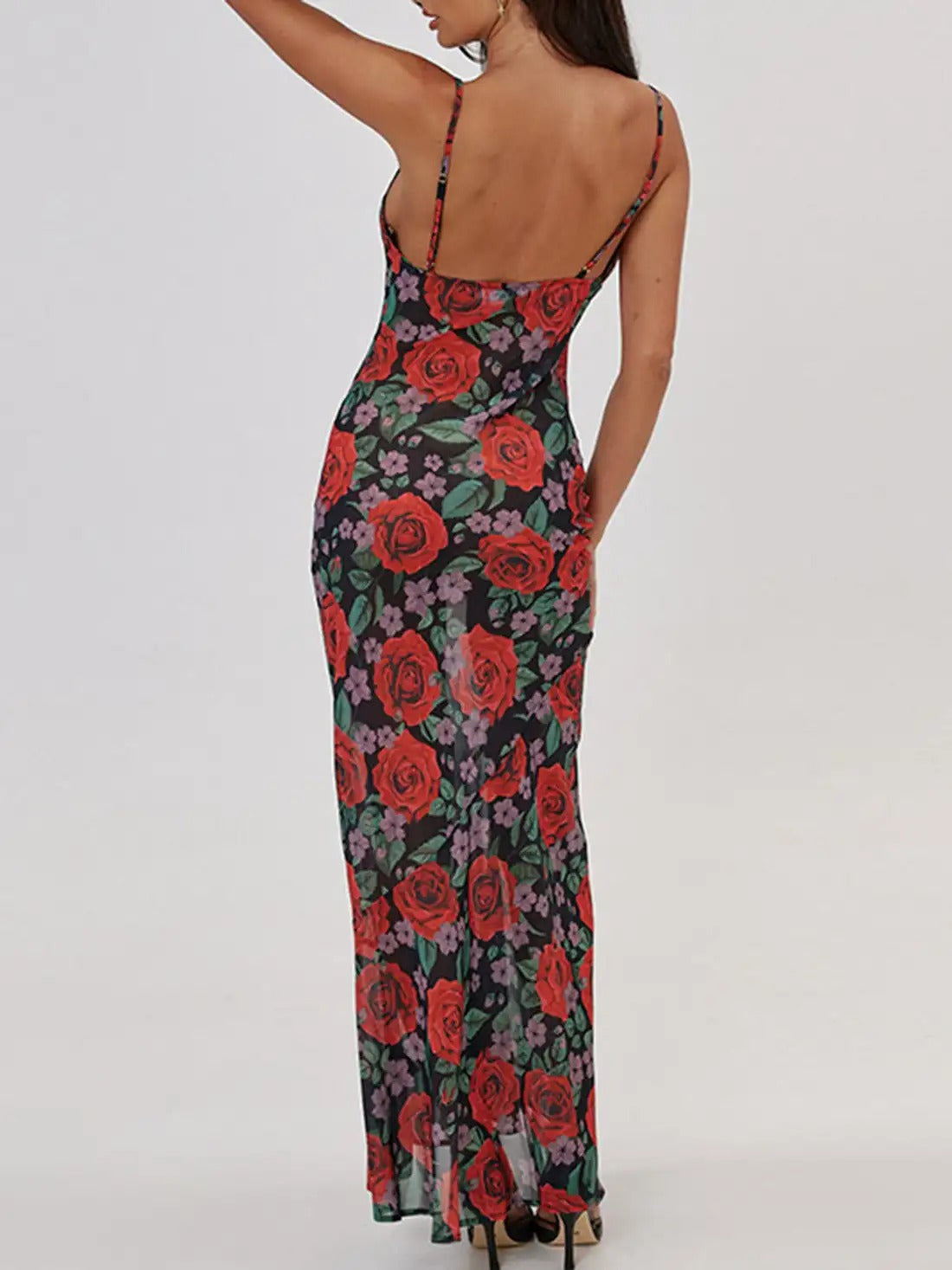 Black floral maxi dress with red roses and thin straps