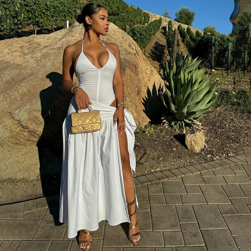 White halter maxi dress with wrap detail