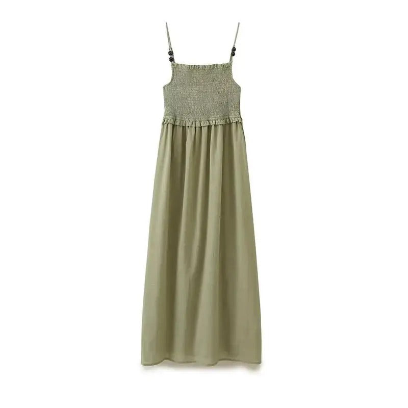 Light green smocked maxi dress with thin straps