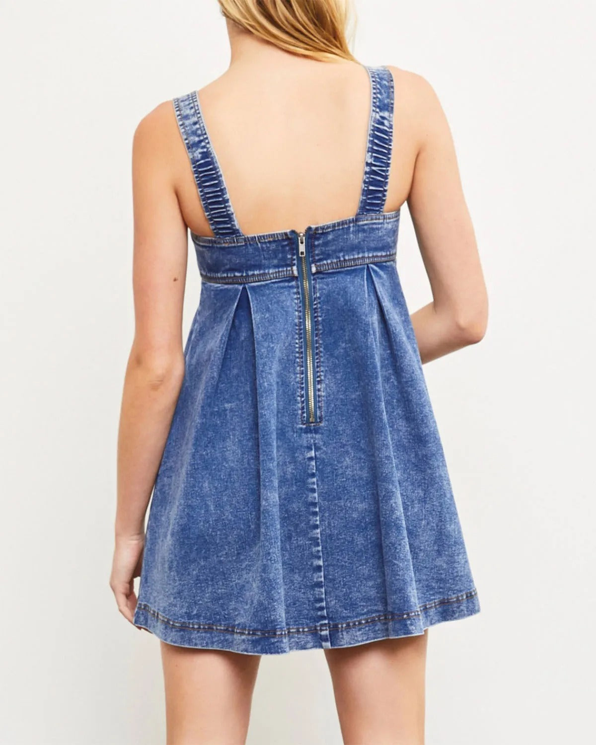 Blue denim mini dress with square neckline and wide straps