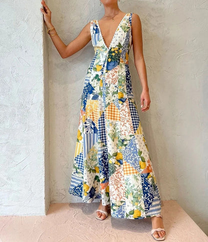 White patchwork print maxi dress with deep V-neck