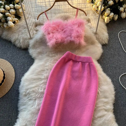 Pink cropped feather-texture top and midi skirt set
