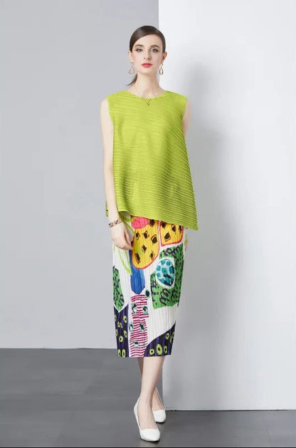 Green sleeveless textured top and printed midi skirt set