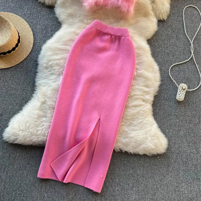 Pink cropped feather-texture top and midi skirt set