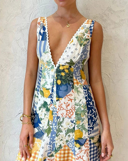 White patchwork print maxi dress with deep V-neck