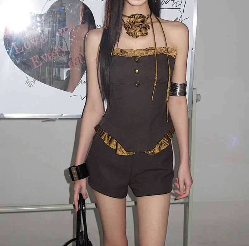 Brown strapless two-piece set with corset top
