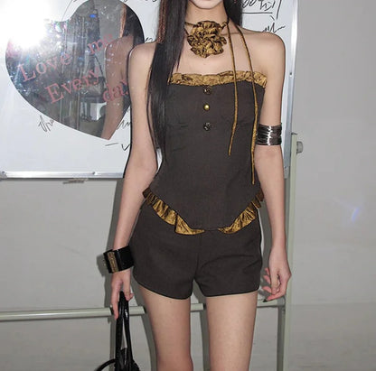 Brown strapless two-piece set with corset top