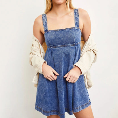 Blue denim mini dress with square neckline and wide straps