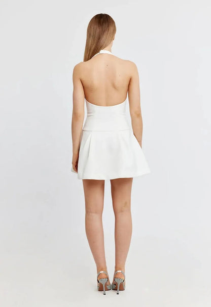 White halter neck mini dress with flared skirt
