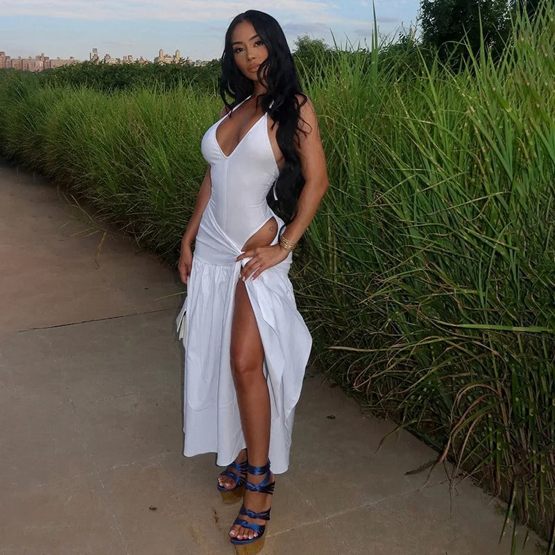 White halter maxi dress with wrap detail