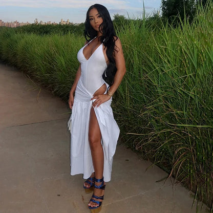 White halter maxi dress with wrap detail