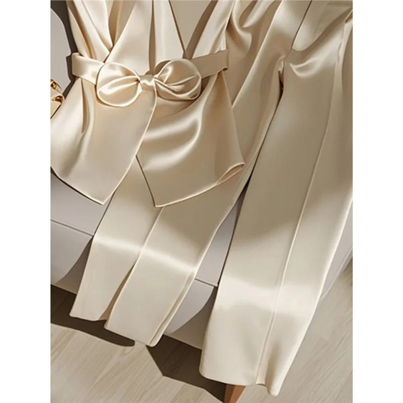 Champagne satin two-piece set with wrap top