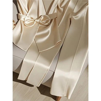 Champagne satin two-piece set with wrap top